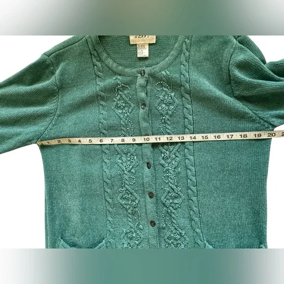 Vintage Jenny Teal Granny Core Button Pockets Beaded Knit Cardigan Size Medium - Picture 10 of 13